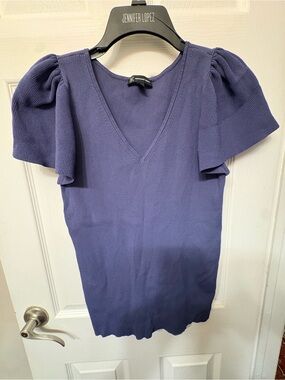 INC Indigo V‑Neck Puff Sleeve Top